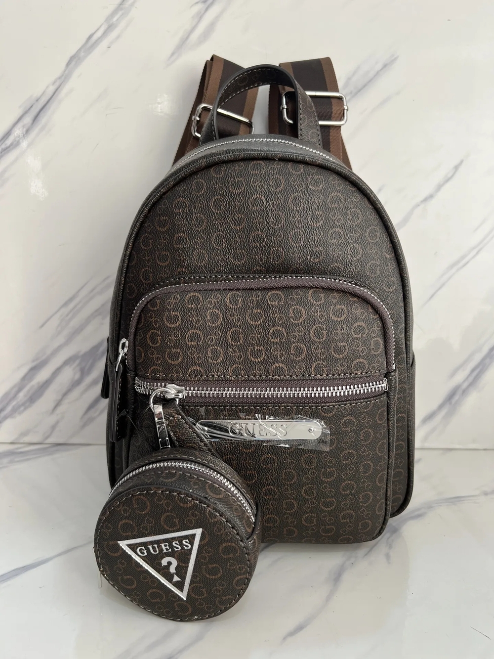GUESS Brown Printed Mini Backpack with Coin Pouch